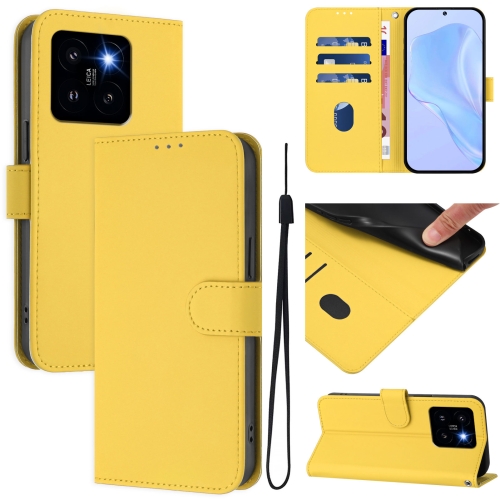 

For Xiaomi 14 Pro 5G Global Skin Feel Solid Color Leather Phone Case with Lanyard(Lemon Yellow)