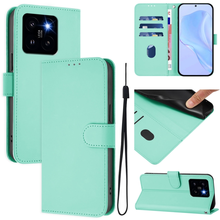 

For Xiaomi 14 Pro 5G Global Skin Feel Solid Color Leather Phone Case with Lanyard(Mint Green)