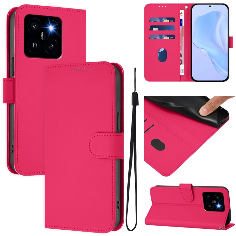 

For Xiaomi 14 Pro 5G Global Skin Feel Solid Color Leather Phone Case with Lanyard(Rose Red)
