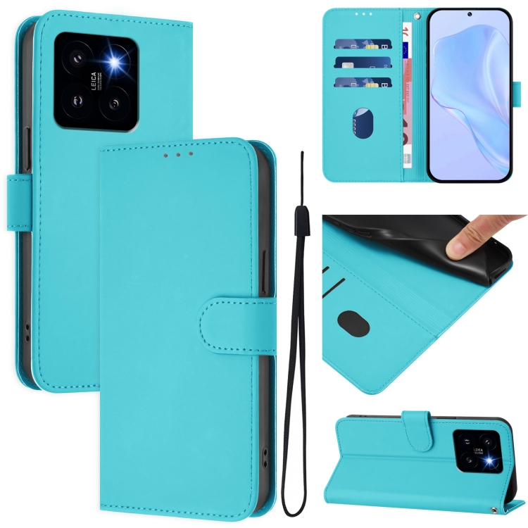 

For Xiaomi 14 Pro 5G Global Skin Feel Solid Color Leather Phone Case with Lanyard(Lake Blue)