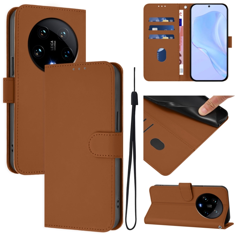 

For Xiaomi 14 Ultra 5G Global Skin Feel Solid Color Leather Phone Case with Lanyard(Brown)