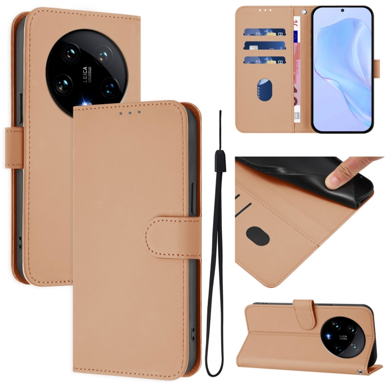 

For Xiaomi 14 Ultra 5G Global Skin Feel Solid Color Leather Phone Case with Lanyard(Nude)