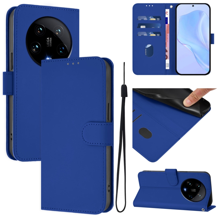

For Xiaomi 14 Ultra 5G Global Skin Feel Solid Color Leather Phone Case with Lanyard(Dark Blue)
