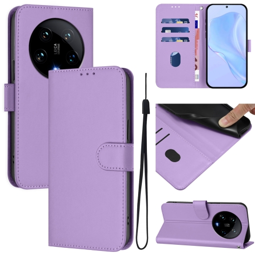 

For Xiaomi 14 Ultra 5G Global Skin Feel Solid Color Leather Phone Case with Lanyard(Lavender Purple)