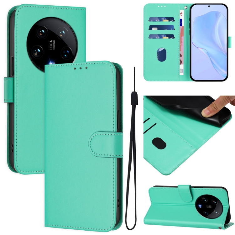 

For Xiaomi 14 Ultra 5G Global Skin Feel Solid Color Leather Phone Case with Lanyard(Green)