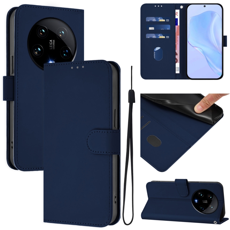 

For Xiaomi 14 Ultra 5G Global Skin Feel Solid Color Leather Phone Case with Lanyard(Navy Blue)