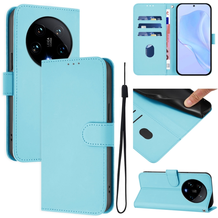 

For Xiaomi 14 Ultra 5G Global Skin Feel Solid Color Leather Phone Case with Lanyard(Sky Blue)