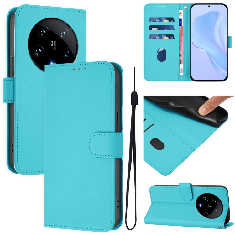 

For Xiaomi 14 Ultra 5G Global Skin Feel Solid Color Leather Phone Case with Lanyard(Lake Blue)