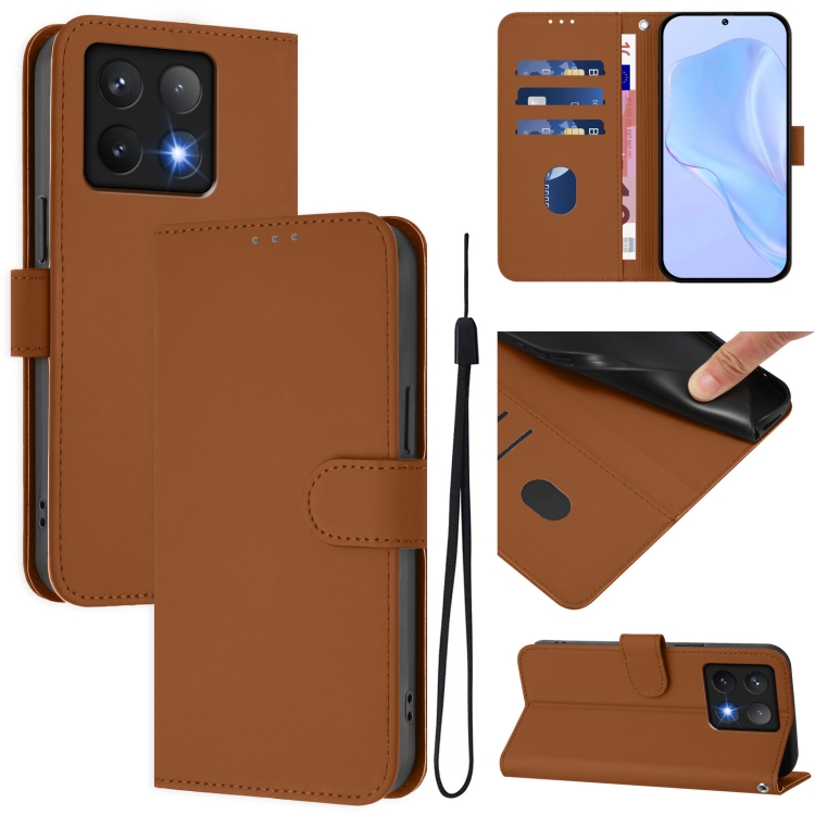 

For Xiaomi 14T Skin Feel Solid Color Leather Phone Case with Lanyard(Brown)