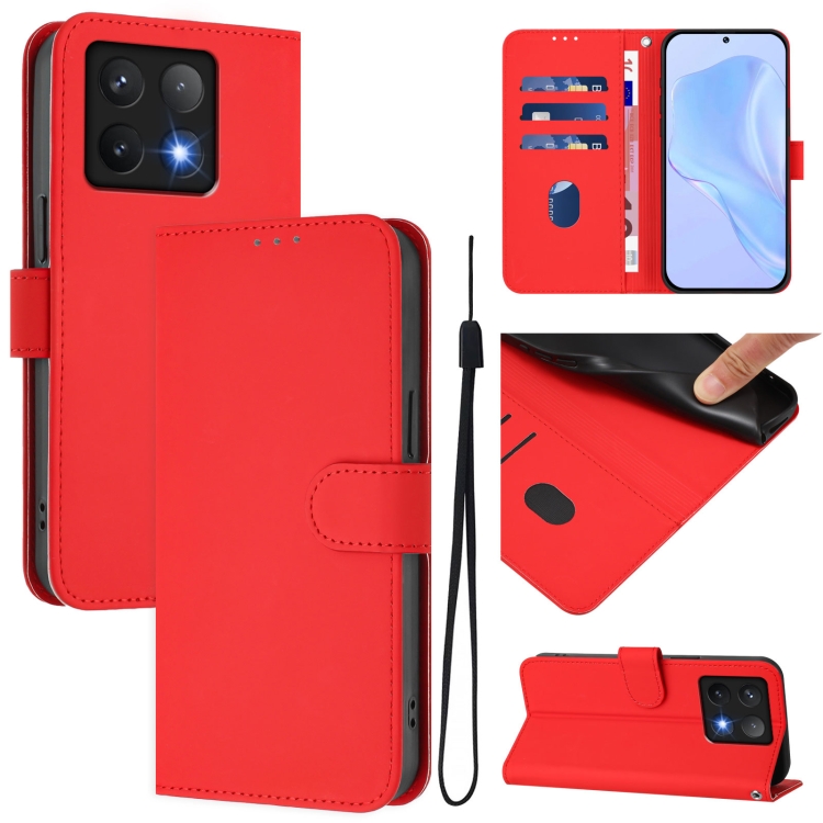 

For Xiaomi 14T Skin Feel Solid Color Leather Phone Case with Lanyard(Red)