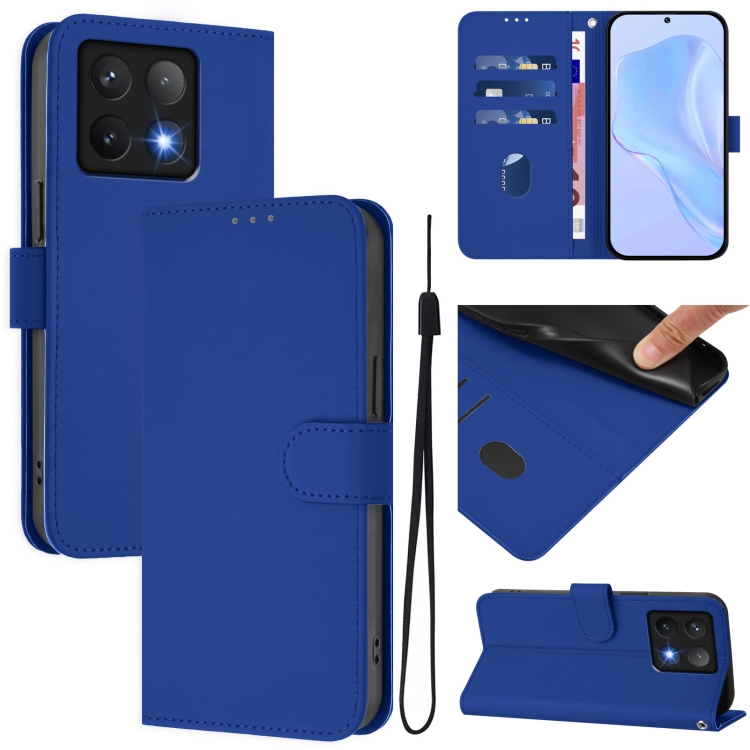 

For Xiaomi 14T Skin Feel Solid Color Leather Phone Case with Lanyard(Dark Blue)