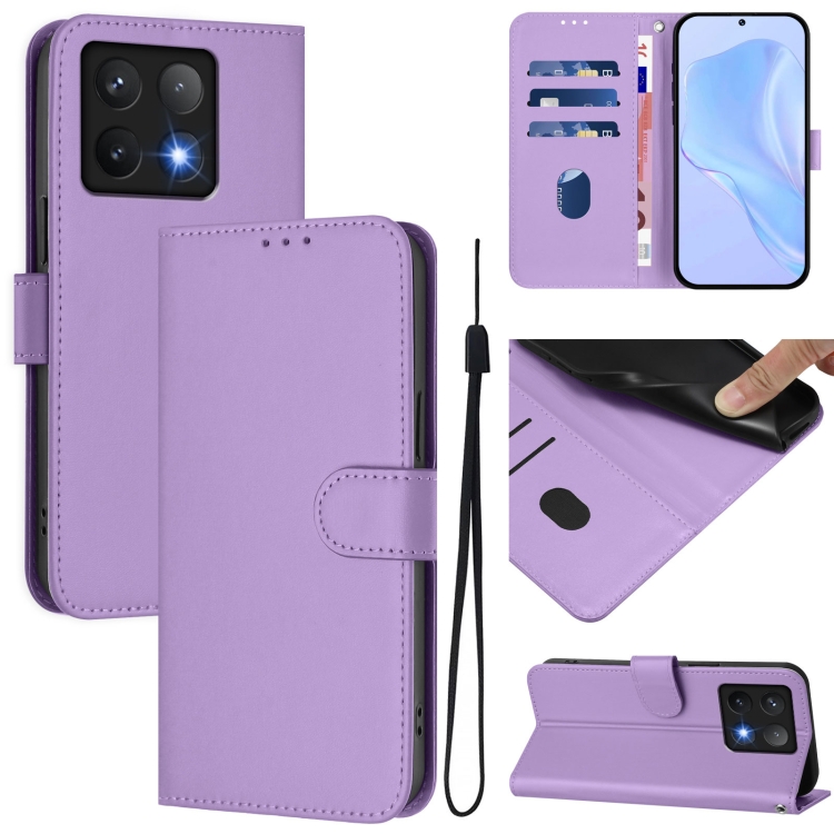 

For Xiaomi 14T Skin Feel Solid Color Leather Phone Case with Lanyard(Lavender Purple)