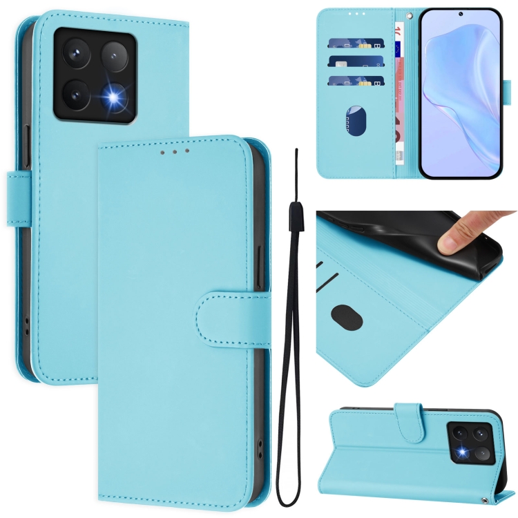 

For Xiaomi 14T Skin Feel Solid Color Leather Phone Case with Lanyard(Sky Blue)