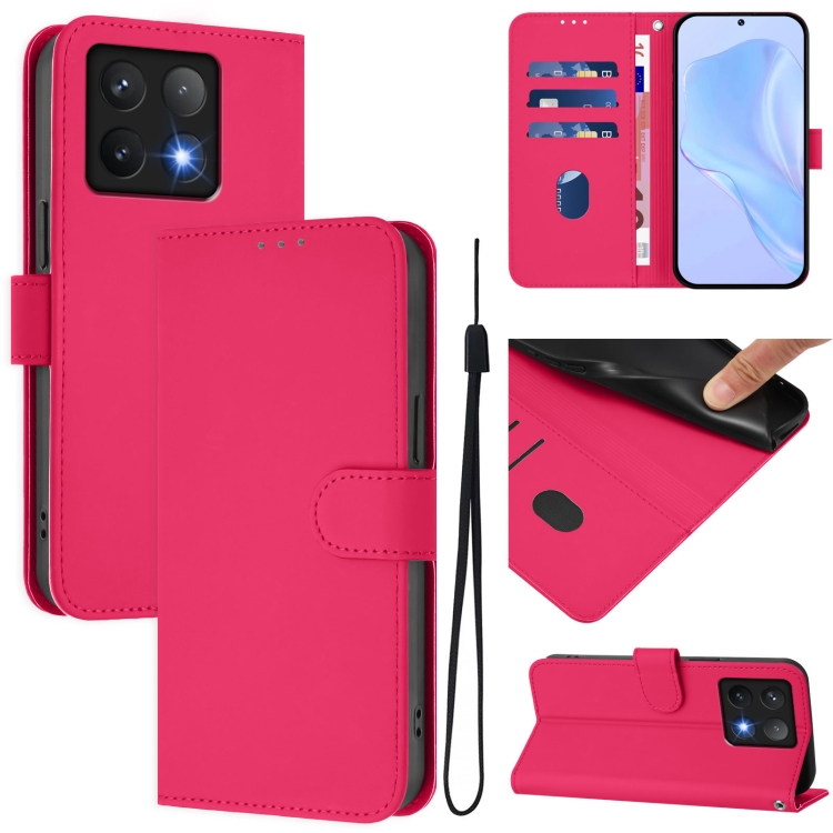 

For Xiaomi 14T Skin Feel Solid Color Leather Phone Case with Lanyard(Rose Red)
