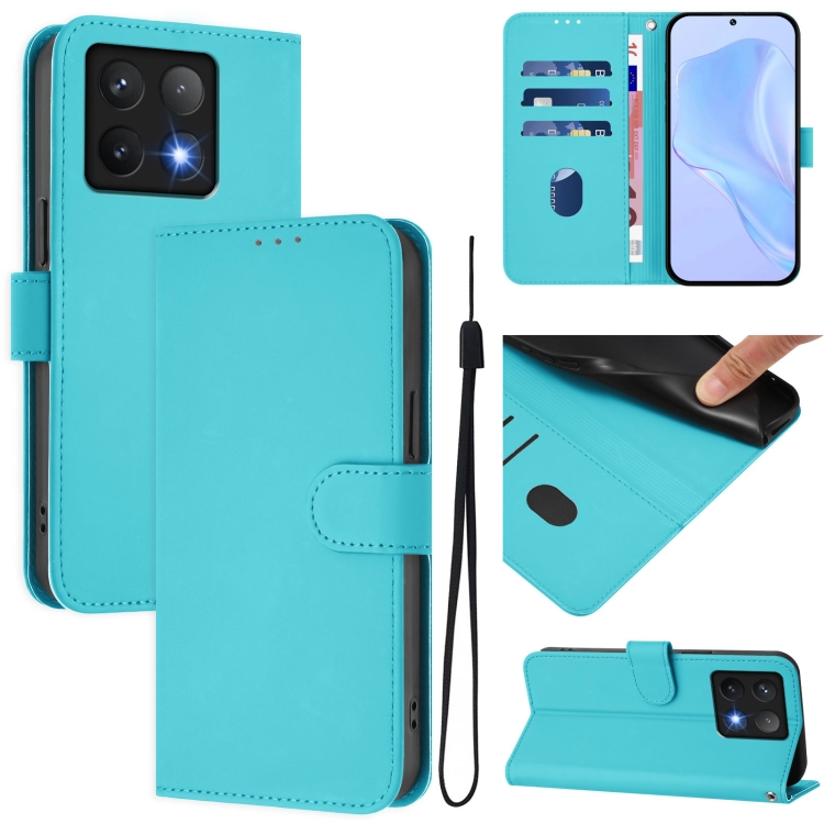 

For Xiaomi 14T Skin Feel Solid Color Leather Phone Case with Lanyard(Lake Blue)