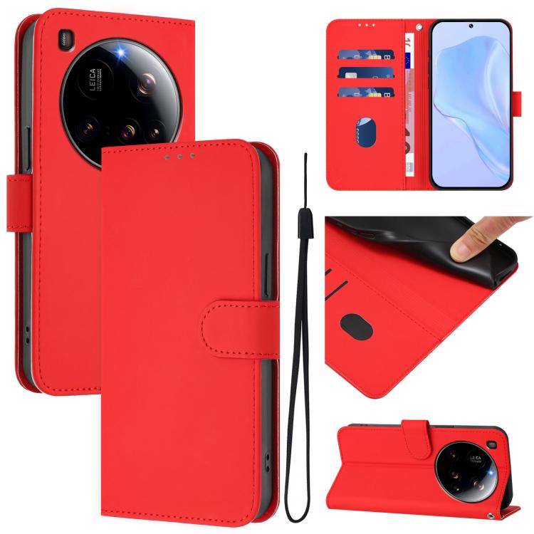 

For Xiaomi 15 Ultra Skin Feel Solid Color Leather Phone Case with Lanyard(Red)