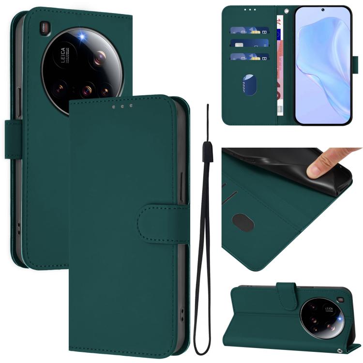 

For Xiaomi 15 Ultra Skin Feel Solid Color Leather Phone Case with Lanyard(Dark Green)