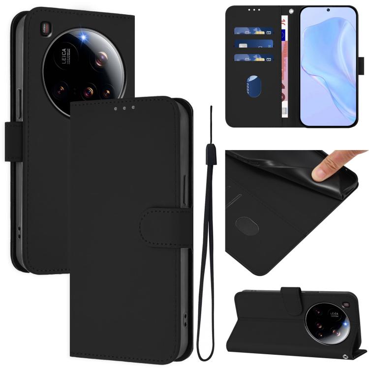 

For Xiaomi 15 Ultra Skin Feel Solid Color Leather Phone Case with Lanyard(Black)