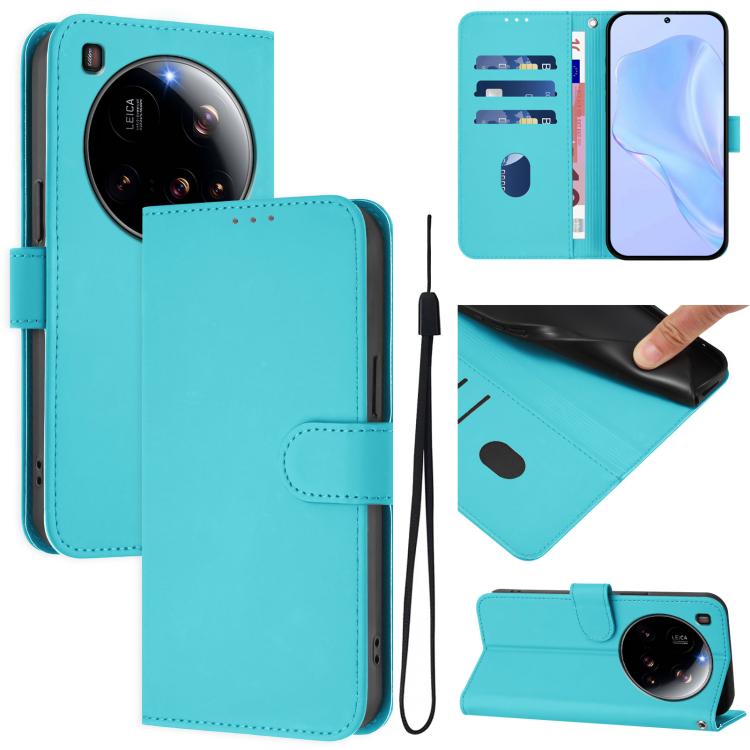 

For Xiaomi 15 Ultra Skin Feel Solid Color Leather Phone Case with Lanyard(Lake Blue)