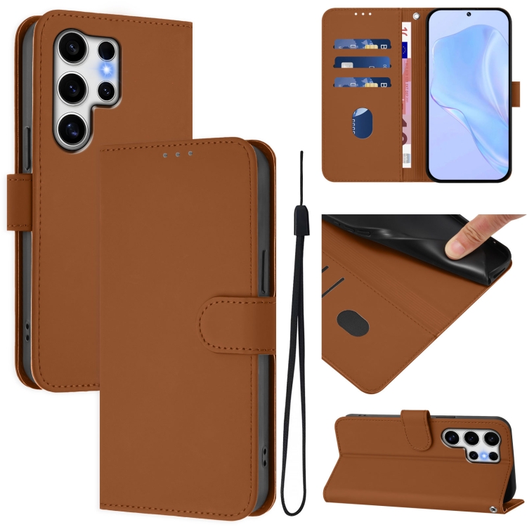 

For Samsung Galaxy S25 Ultra 5G Skin Feel Solid Color Leather Phone Case with Lanyard(Brown)