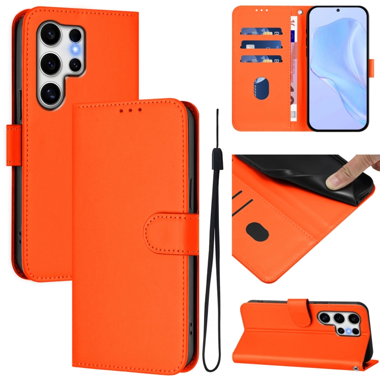 

For Samsung Galaxy S25 Ultra 5G Skin Feel Solid Color Leather Phone Case with Lanyard(Orange)