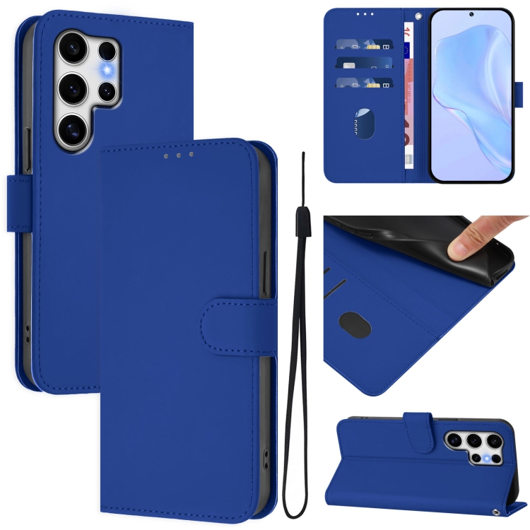 

For Samsung Galaxy S25 Ultra 5G Skin Feel Solid Color Leather Phone Case with Lanyard(Dark Blue)