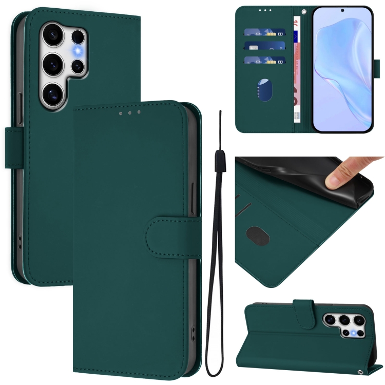 

For Samsung Galaxy S25 Ultra 5G Skin Feel Solid Color Leather Phone Case with Lanyard(Dark Green)