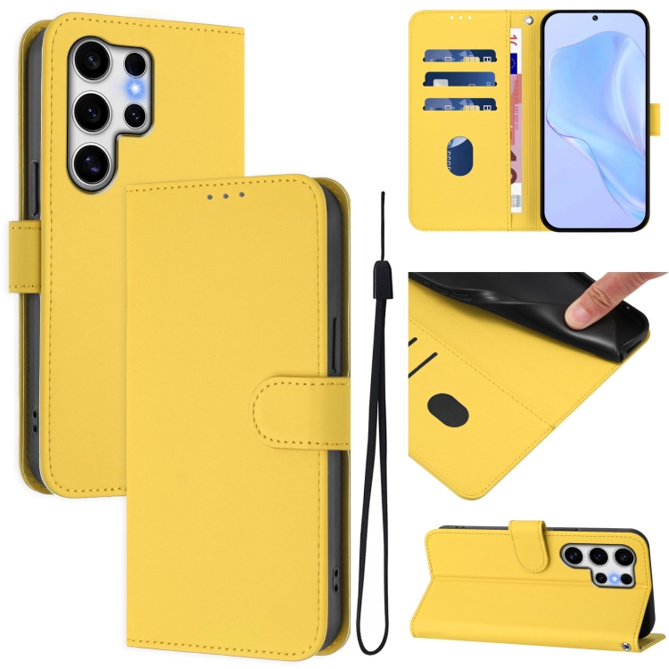 

For Samsung Galaxy S25 Ultra 5G Skin Feel Solid Color Leather Phone Case with Lanyard(Lemon Yellow)