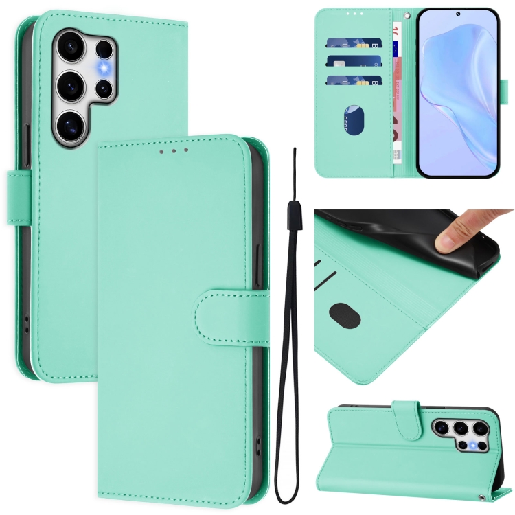 

For Samsung Galaxy S25 Ultra 5G Skin Feel Solid Color Leather Phone Case with Lanyard(Mint Green)