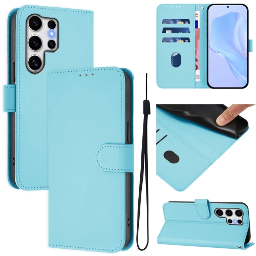 

For Samsung Galaxy S25 Ultra 5G Skin Feel Solid Color Leather Phone Case with Lanyard(Sky Blue)