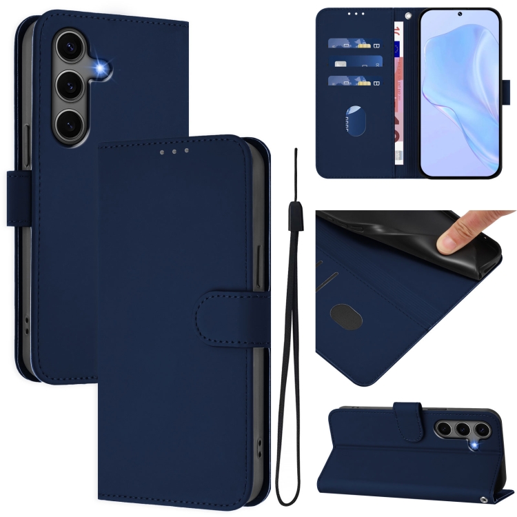 

For Samsung Galaxy S25+ 5G Skin Feel Solid Color Leather Phone Case with Lanyard(Navy Blue)