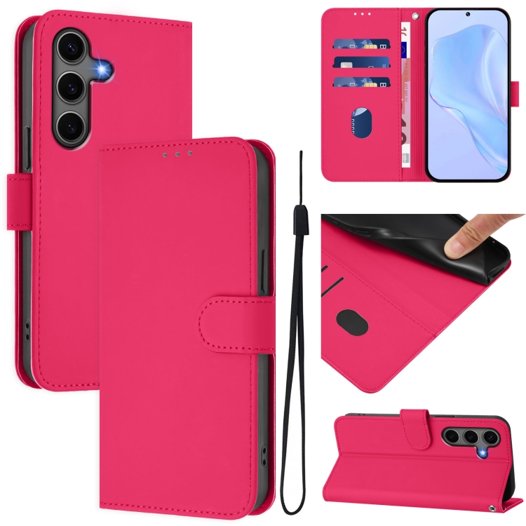 

For Samsung Galaxy S25+ 5G Skin Feel Solid Color Leather Phone Case with Lanyard(Rose Red)