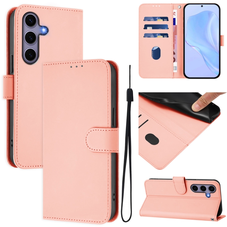 

For Samsung Galaxy S25 5G Skin Feel Solid Color Leather Phone Case with Lanyard(Pink)
