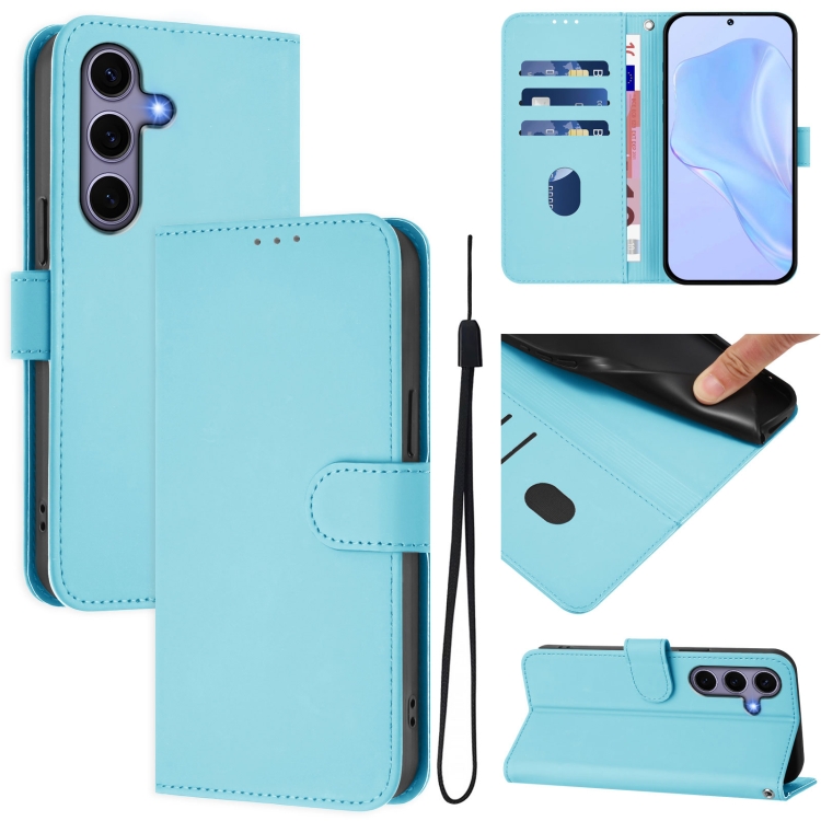 

For Samsung Galaxy S25 5G Skin Feel Solid Color Leather Phone Case with Lanyard(Sky Blue)