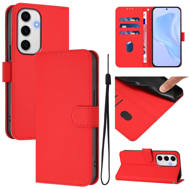 

For Samsung Galaxy S24 FE 5G Skin Feel Solid Color Leather Phone Case with Lanyard(Red)