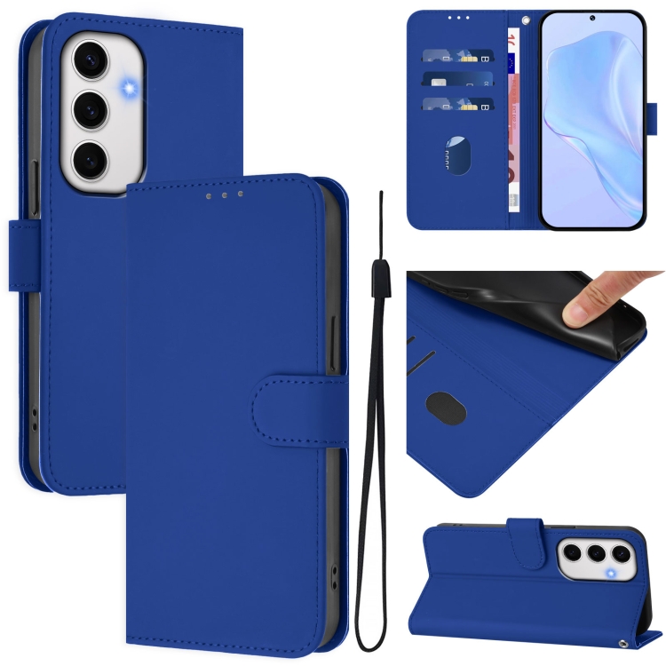 

For Samsung Galaxy S24 FE 5G Skin Feel Solid Color Leather Phone Case with Lanyard(Dark Blue)