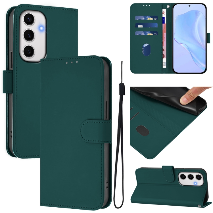 

For Samsung Galaxy S24 FE 5G Skin Feel Solid Color Leather Phone Case with Lanyard(Dark Green)