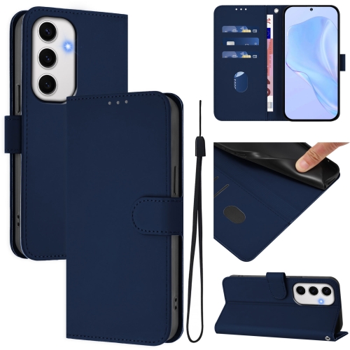 

For Samsung Galaxy S24 FE 5G Skin Feel Solid Color Leather Phone Case with Lanyard(Navy Blue)