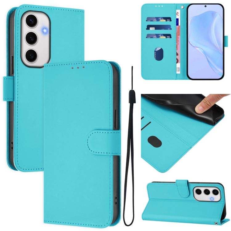 

For Samsung Galaxy S24 FE 5G Skin Feel Solid Color Leather Phone Case with Lanyard(Lake Blue)