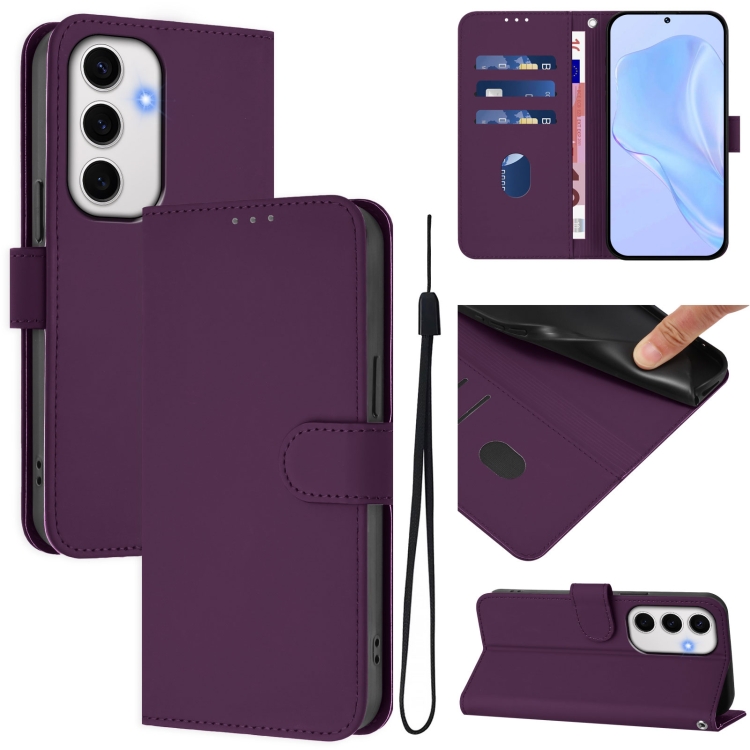 

For Samsung Galaxy S24 FE 5G Skin Feel Solid Color Leather Phone Case with Lanyard(Violet)