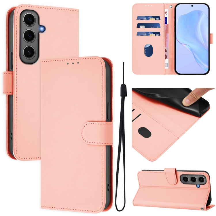 

For Samsung Galaxy S24+ 5G Skin Feel Solid Color Leather Phone Case with Lanyard(Pink)