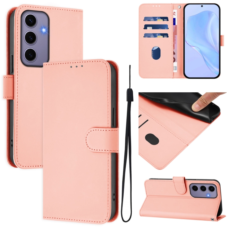 

For Samsung Galaxy S24 5G Skin Feel Solid Color Leather Phone Case with Lanyard(Pink)
