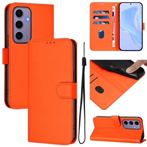 

For Samsung Galaxy S24 5G Skin Feel Solid Color Leather Phone Case with Lanyard(Orange)