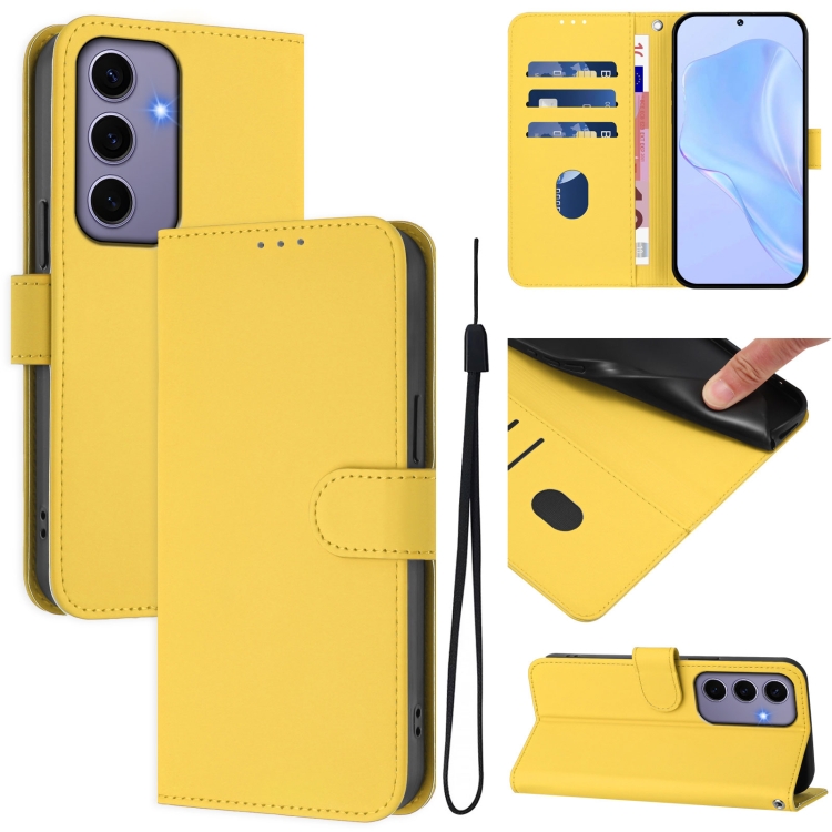 

For Samsung Galaxy S24 5G Skin Feel Solid Color Leather Phone Case with Lanyard(Lemon Yellow)