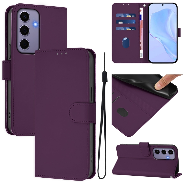 

For Samsung Galaxy S24 5G Skin Feel Solid Color Leather Phone Case with Lanyard(Violet)