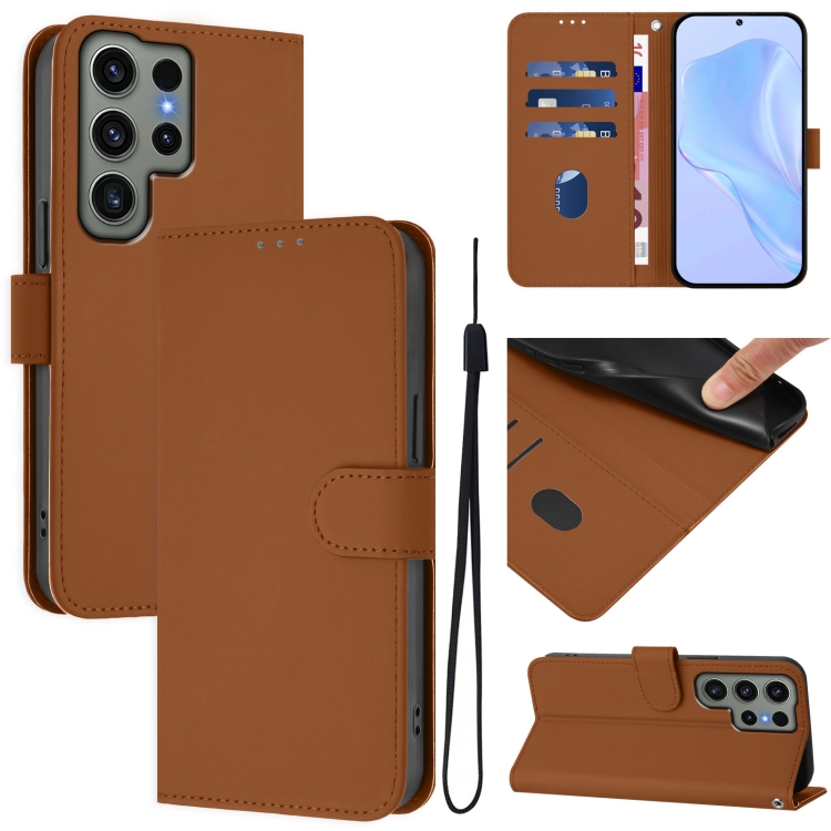 

For Samsung Galaxy S23 Ultra 5G Skin Feel Solid Color Leather Phone Case with Lanyard(Brown)