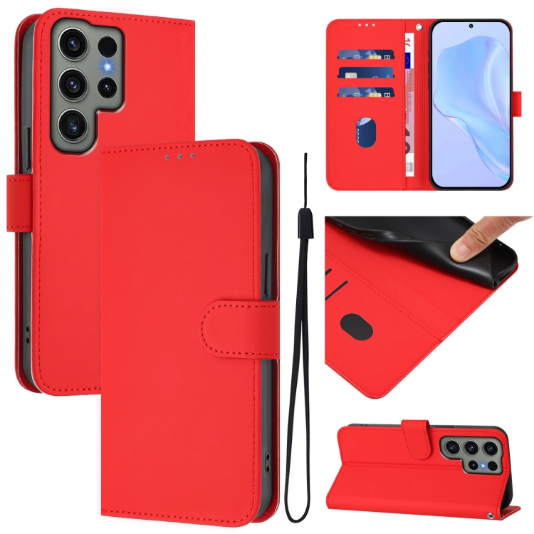 For Samsung Galaxy S23 Ultra 5G Skin Feel Solid Color Leather Phone Case with Lanyard(Red) — купить у Sunsky-online WW