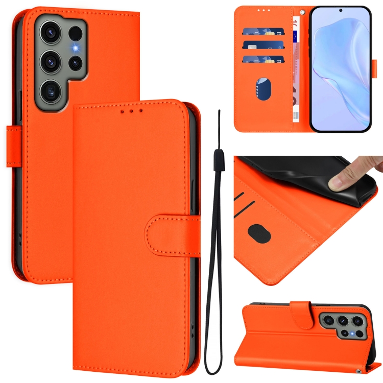 

For Samsung Galaxy S23 Ultra 5G Skin Feel Solid Color Leather Phone Case with Lanyard(Orange)