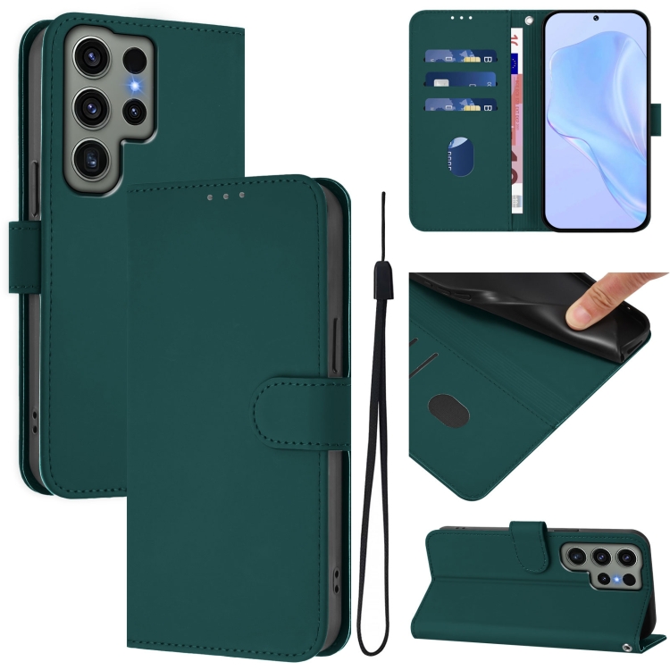 

For Samsung Galaxy S23 Ultra 5G Skin Feel Solid Color Leather Phone Case with Lanyard(Dark Green)