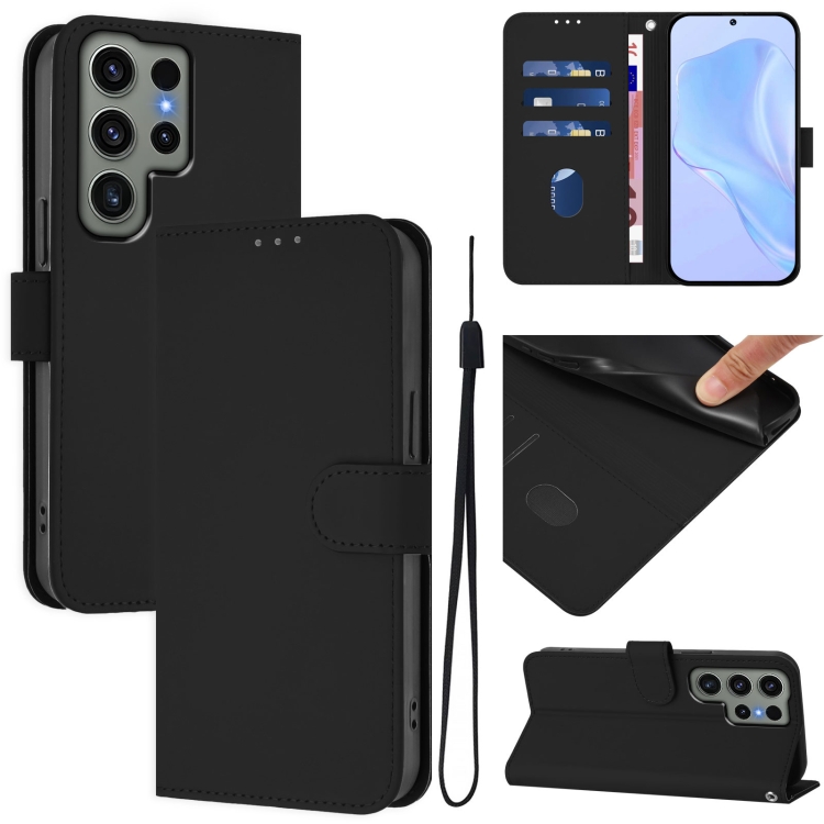

For Samsung Galaxy S23 Ultra 5G Skin Feel Solid Color Leather Phone Case with Lanyard(Black)